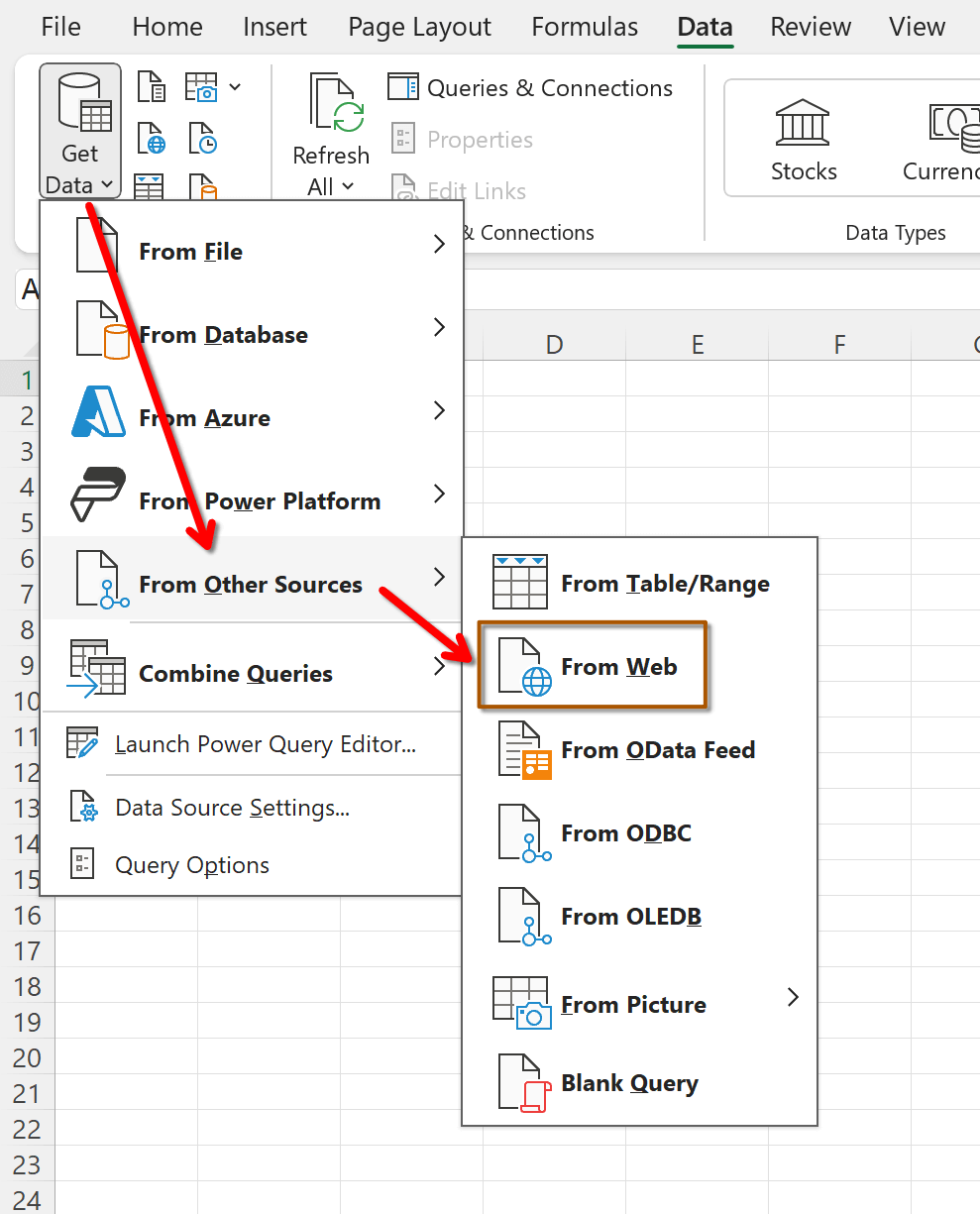 Image showing where to find the From Web option in Excel